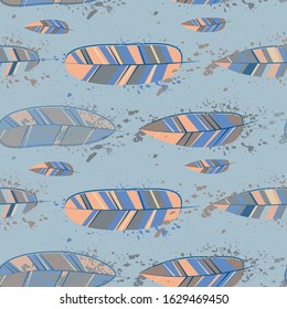 Modern line art pattern with colorful feathers. Feathers in abstract style. Colorful bright. Graphic vector background. Vector illustration isolated background. Fabric textile print template.