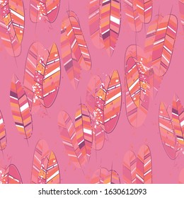 Modern line art pattern with colorful feathers. Abstract feathers seamless fashion print. Decorative wallpaper template. Beautiful flat collection with colorful vector. Fabric texture. 