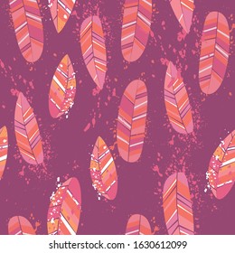 Modern line art pattern with colorful feathers. Abstract feathers seamless fashion print. Decorative wallpaper template. Beautiful flat collection with colorful vector. Fabric texture. 