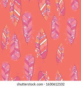 Modern line art pattern with colorful feathers. Abstract feathers seamless fashion print. Decorative wallpaper template. Beautiful flat collection with colorful vector. Fabric texture. 