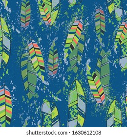 Modern line art pattern with colorful feathers. Abstract feathers seamless fashion print. Decorative wallpaper template. Beautiful flat collection with colorful vector. Fabric texture. 