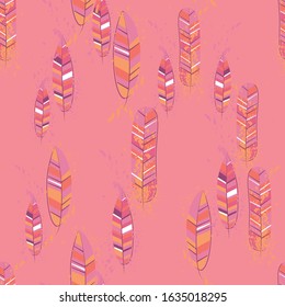 Modern line art pattern with colorful feathers. Abstract feathers seamless fashion print. Decorative wallpaper template. Beautiful flat collection with colorful vector. Fabric texture. 