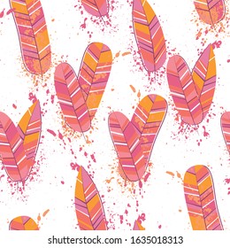 Modern line art pattern with colorful feathers. Abstract feathers seamless fashion print. Decorative wallpaper template. Beautiful flat collection with colorful vector. Fabric texture. 
