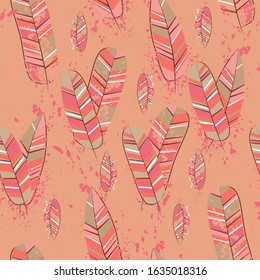 Modern line art pattern with colorful feathers. Abstract feathers seamless fashion print. Decorative wallpaper template. Beautiful flat collection with colorful vector. Fabric texture. 