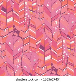 Modern line art pattern with colorful feathers. Abstract feathers seamless fashion print. Decorative wallpaper template. Beautiful flat collection with colorful vector. Fabric texture. 