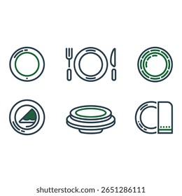 Moderno Linha Arte Restaurante Ícones Pratos Talheres e Pratos Empilhados Minimalista Verde e Azul Escuro Design