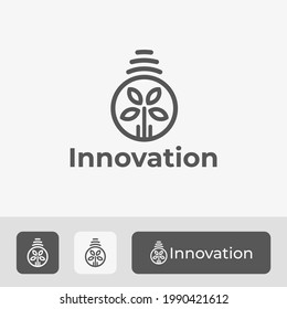 Modern Line Art Style Innovation Logo Idea, Creative Icon Concept Design, Bulb and Fresh Green Tree