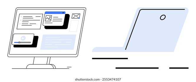 Modern line art style. Two electronic devices. Left computer monitor displaying various windows and apps. Right open laptop. Ideal for tech, productivity, office work, digital tools