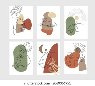 Modern line art tigers poster on abstract backgrouns set with palm,  monstera, moon. Modern art. Vector savannah  wil cat. T shirt print, minimalists posters set