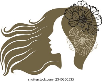 Imagen vectorial de arte de línea moderna de una mujer hermosa de cabello largo. Moda y belleza 