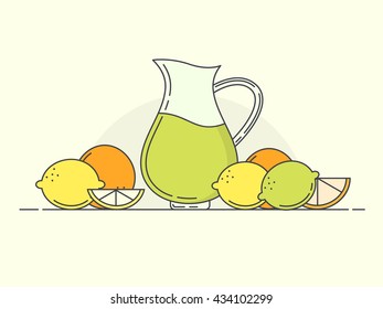 Modern Line Art Vector Illustration of Fruit Juice in Pitcher. Flat Design Style. 