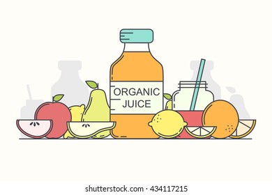 Modern Line Art vector Illustration of Organic Raw Fruit Juice with Pears, Apples, Oranges and Lemon. Flat Design Style. 