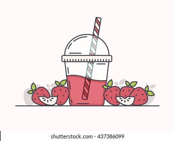 Modern Line Art Vector Illustration of Strawberry Smoothie. Flat Design Style. 