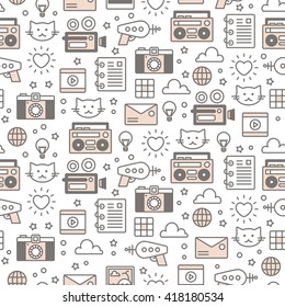 Modern line art vector seamless pattern with content icons. Texture of social media networking, digital marketing, viral video promotion and sharing. Background for websites and mobile applications. 