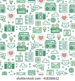 Modern line art vector seamless pattern with content icons. Texture of social media networking, digital marketing, viral video promotion and sharing. Background for websites and mobile applications. 