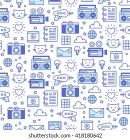 Modern line art vector seamless pattern with content icons. Texture of social media networking, digital marketing, viral video promotion and sharing. Background for websites and mobile applications. 