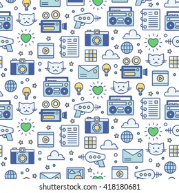 Modern line art vector seamless pattern with content icons. Texture of social media networking, digital marketing, viral video promotion and sharing. Background for websites and mobile applications. 