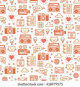 Modern line art vector seamless pattern with content icons. Texture of social media networking, digital marketing, and sharing. Background for websites, applications and scrapbooking.