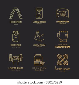 Modern line collection of logos with different fitness, bodybuilding and weightloss elements. Vector line logotype collection. 
