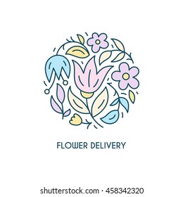 Modern line ctyle floral logo in a shape of a circle. Linear logotype with flowers. Business identity for for boutique, organic cosmetics or flower shop.
