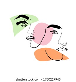 Modern line drawing abstract half man and human female faces. Great for home decoration, fashion print, posters, wall art, tote bag, shirt print, mobile case.