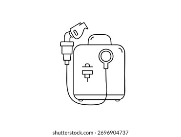 Desenho de linha moderno de uma máquina de nebulização, ideal para ilustrações médicas, promovendo a saúde respiratória e campanhas de bem-estar que enfatizam a facilidade de respirar.