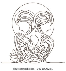 Modern line drawing of a woman's face intertwined with flowers, maintaining intricate details.