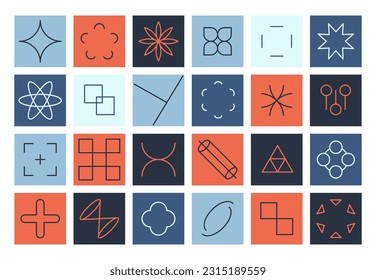 Modern line figures. Abstract modern linear forms, simple dynamic geometric figures and minimalist badges. Vector brutalist post modern symbols set. Colorful art elements in square shapes