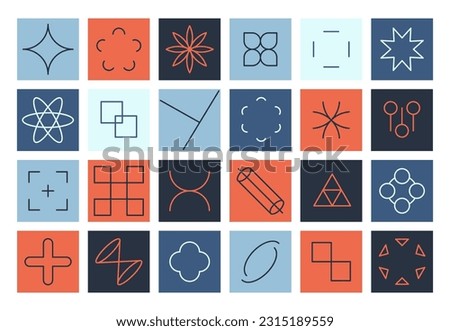 Modern line figures. Abstract modern linear forms, simple dynamic geometric figures and minimalist badges. Vector brutalist post modern symbols set. Colorful art elements in square shapes
