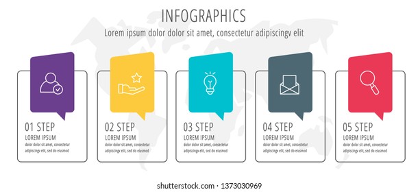 Modern line flat vector illustration. Label infographic template with five elements and icons. Designed for business, presentations, workflow layout, education and 5 step diagrams