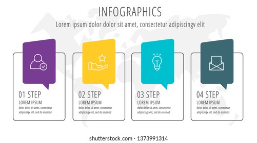 Modern line flat vector illustration. Label infographic template with four elements and icons. Designed for business, presentations, workflow layout, education and 4 step diagrams