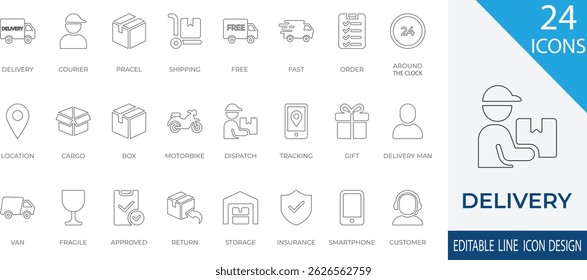 A modern line icon collection focused on delivery and logistics. Includes courier, parcel, shipping, tracking, fragile items and more.  logistics apps, and express delivery services.