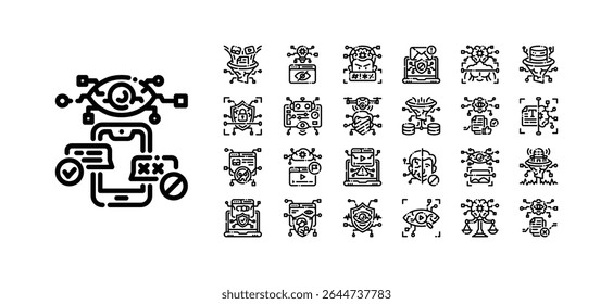 A modern line icon set of 25 vector symbols representing AI filtering tools, including content control, moderation, face blur, NSFW filter, and security shields.