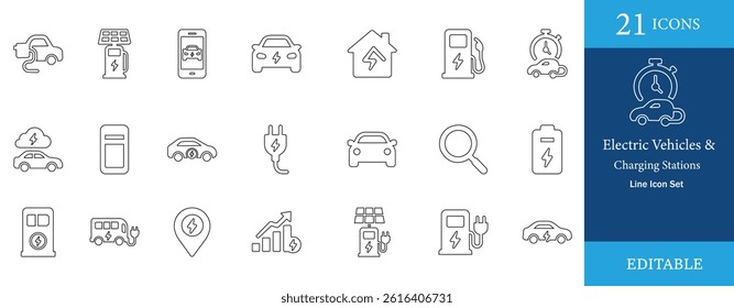 Modern line icon set featuring 21 electric vehicle and charging station elements. Ideal for EV apps, clean energy, green transport, and automotive UI. Fully editable and easy to use in design.