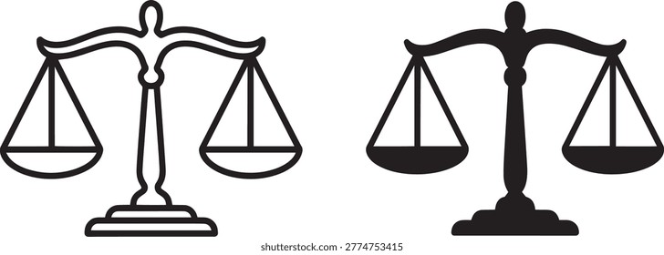 Modern line icon set featuring justice scale and legal balance symbols. Includes outline and solid style law scale icons representing court, equality, legal system, judgment and attorney concepts. Perfect for legal services, law firms, courtroom, business ethics and justice-related design projects. Clean vector icons suitable for web, app, UI and print design.