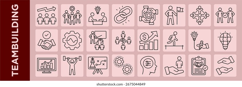 Icono de línea moderno establecido en un fondo suave que muestra el trabajo en equipo, el liderazgo, la estrategia y la colaboración para los conceptos de teambuilding.