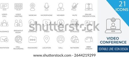 A modern line icon set for online video calls, remote meetings, and collaboration. Perfect for digital communication, webinars, podcasts, and virtual work tools.