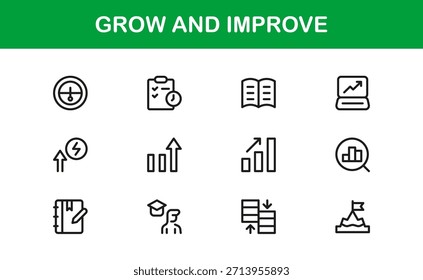 Conjunto de iconos de línea moderno: Profesional de crecimiento y progreso mínimos, Vectores elegantes para negocios, finanzas y desarrollo.
