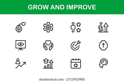 Conjunto de iconos de línea moderno: Profesional de crecimiento y progreso mínimos, Vectores elegantes para negocios, finanzas y desarrollo.