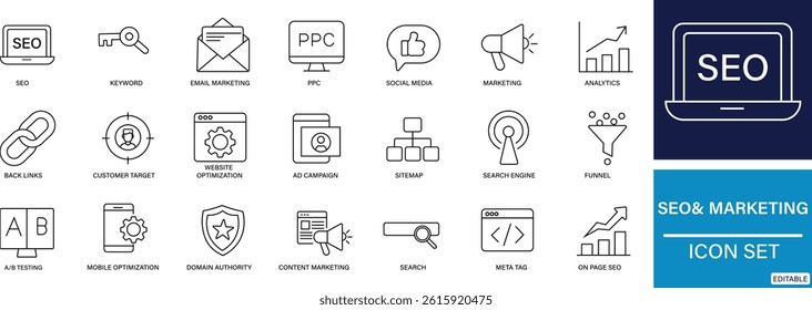 A modern line icon set representing key concepts in SEO and digital marketing such as analytics, keywords, backlinks, traffic, and ads.
Ideal for marketing websites, presentations, dashboards, 