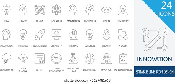 A modern line icon set representing key concepts of innovation and creativity including ideas, invention, design thinking, inspiration, development, brainstorming, and engineering solutions. 