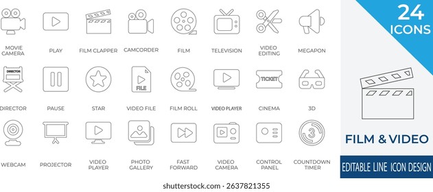 A modern and  line icon set representing film and video production essentials, including movie cameras, directors, film reels, and video editing tools.