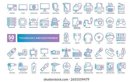 Modern line icon set representing a wide range of technology and electronic devices, including computers, smartphones, gadgets, communication tools, and digital hardware systems.