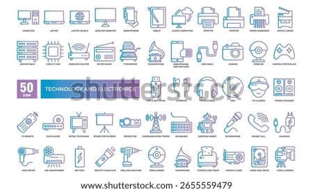 Modern line icon set representing a wide range of technology and electronic devices, including computers, smartphones, gadgets, communication tools, and digital hardware systems.