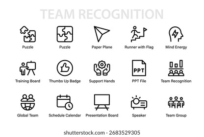 Modern line icon set of teamwork, recognition, support, training, leadership, and global collaboration for presentations, business, and corporate projects.