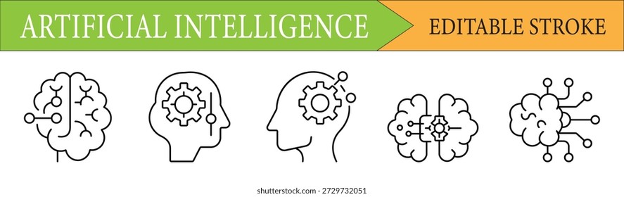 Modern line icons for artificial intelligence, digital brains, and neural networks. Features editable stroke for tech and innovation designs.
