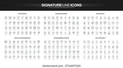 Iconos de línea modernos que cubren ciencia de datos, aprendizaje automático, sitio de construcción, transformación digital, programación, codificación, bloqueo y temas de seguridad Ilustración vectorial aislada