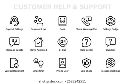 Ícones de linha modernos para ajuda ao cliente, centro de suporte, serviço verificado, comunicação, bate-papo, linha direta, proteção e necessidades de documentação.