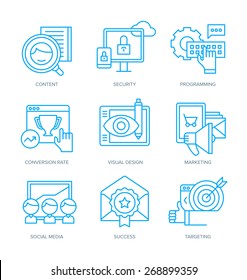 Modern Line Icons Of Digital Marketing, Building Brand, Business Strategy, Conversion Rate, Social Media, Digital Technology. Linear Icons To Outline Creative Agencies, Startups, Mobile Apps Features