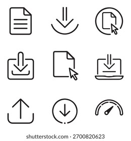 Symbole für moderne Linien: Dokumentenverwaltung, Datendownload, -upload, -übertragung, Internetgeschwindigkeit und -verarbeitung